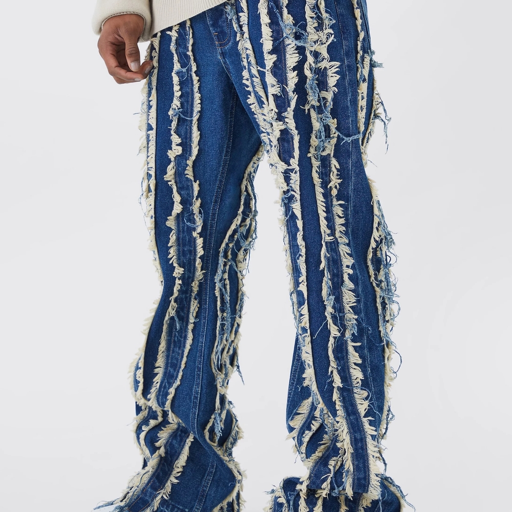 Cream and Blue Slim Straight Jeans with Distressed Texture